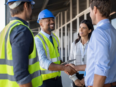 Smiling engineer shaking hands at construction site with happy architect