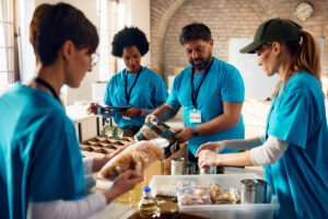 Group of volunteers organizing food donations