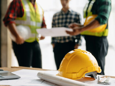 Builders and architects having a discussion with hard hat and blueprints in foreground
