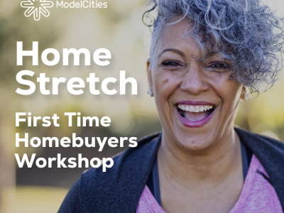 Photo of person with curly gray hair, smiling, wearing dark jacket and pink shirt with overlayed text that reads: HomeStretch First Time Homebuyers Workshop