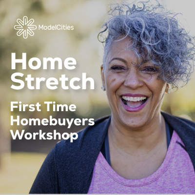 Photo of person with curly gray hair, smiling, wearing dark jacket and pink shirt with overlayed text that reads: HomeStretch First Time Homebuyers Workshop