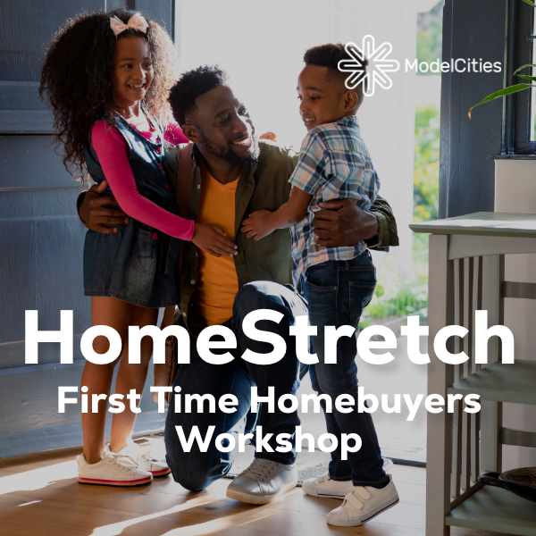 Parent with two school age children, smiling while in the doorway of their home